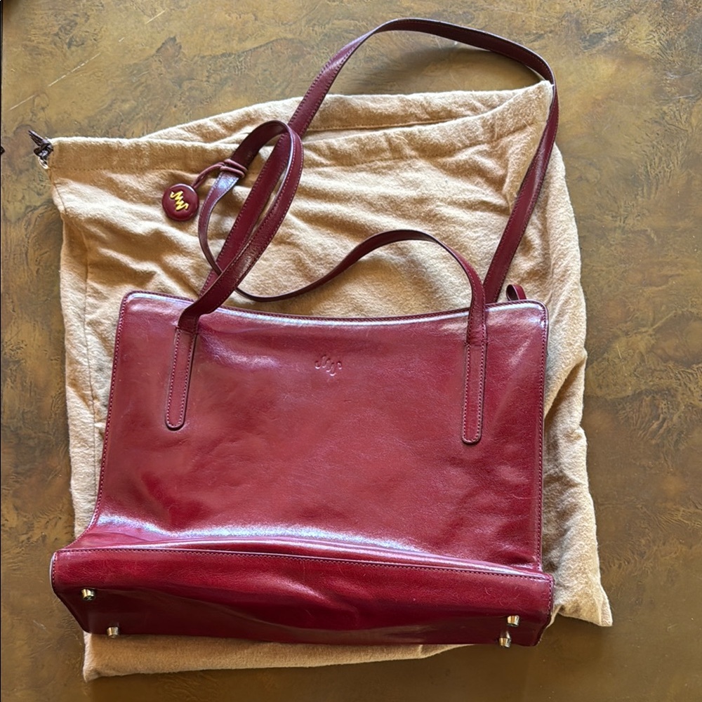 Monsac Red Leather Shoulder Bag with Glossy Finish